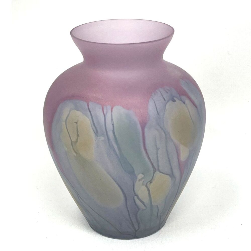 Vintage Rueven Nouveau Art Glass Vase Hand Painted Drip Satin Purple Blue 5"